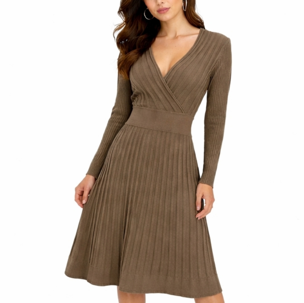 Calvin Klein Taupe Ribbed Wrap Midi Dress